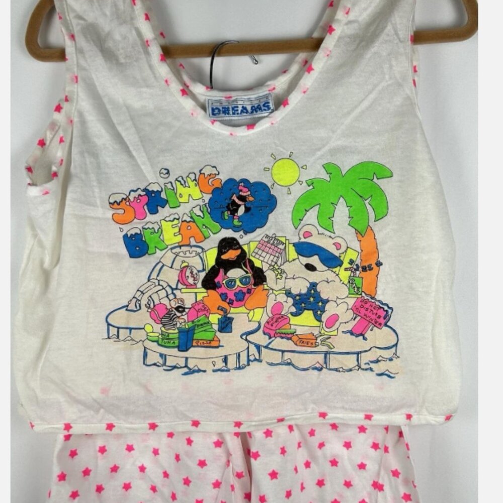 NWT Vtg 80s Novelty Animals 2 Pc Neon Pajamas PJs Set Sz L Penguin Spring Break